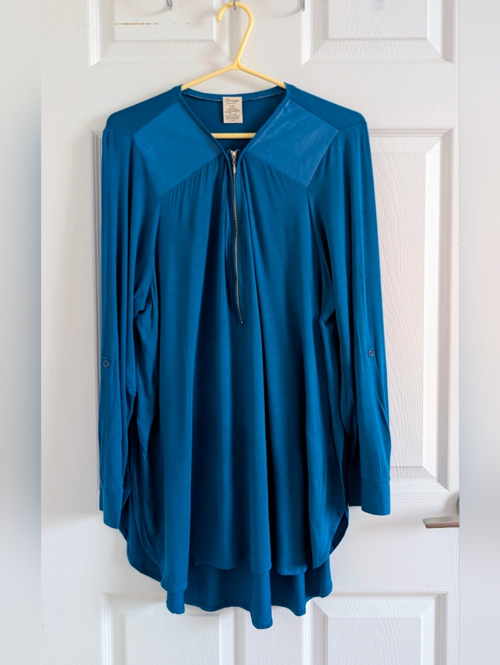 Orange Fashion Village Teal Bamboo Tunic – Faux Leather Detail Quiet Luxury L/XL